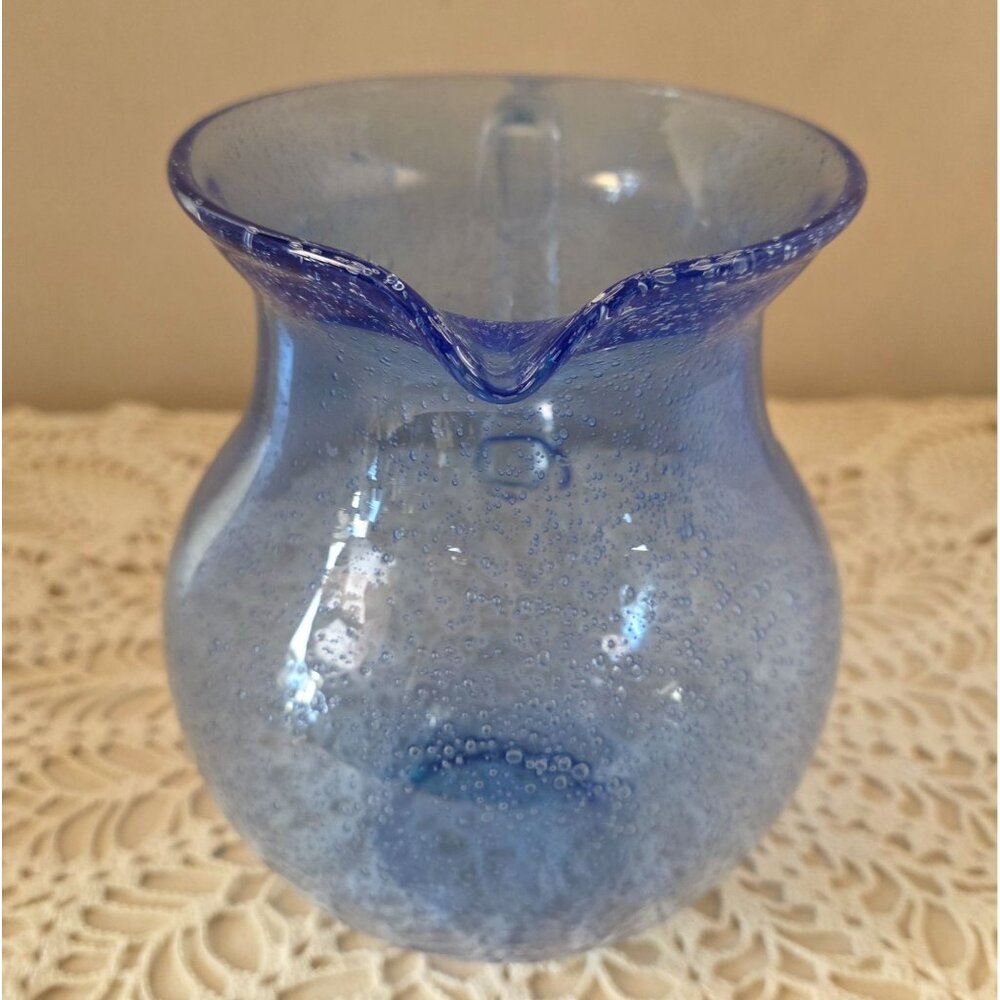 Vintage Cobalt Handblown Bubble Glass Pitcher With Clear Applied Handle - Picture 15 of 16
